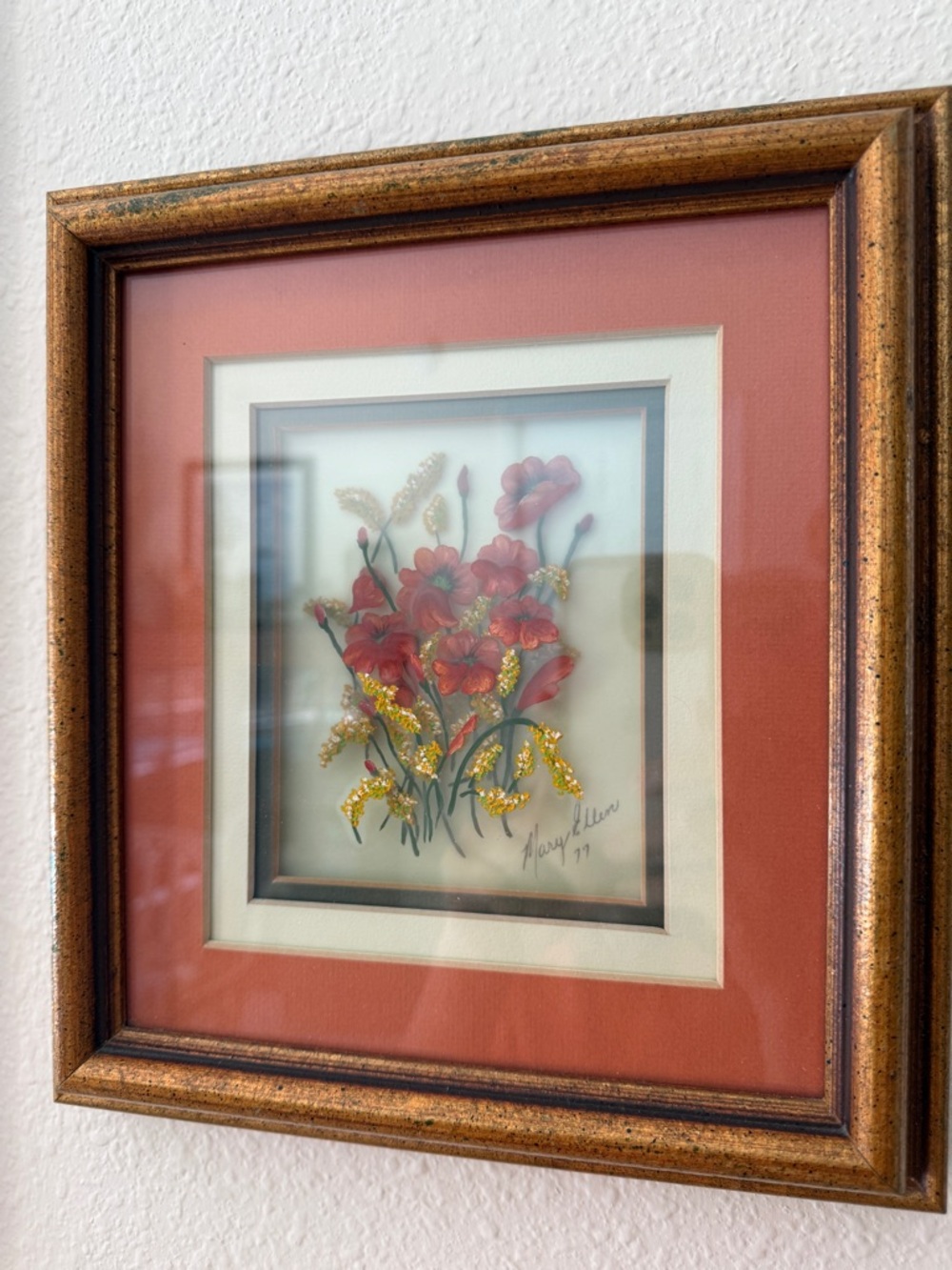 Reverse Painted Glass Floral Art Framed Vintage 1977 Mary Ellen Signed Layered